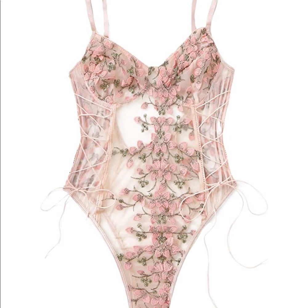 Pink floral corset lace up bodysuit romper teddy bachelorette wedding gift C3 - Picture 10 of 10